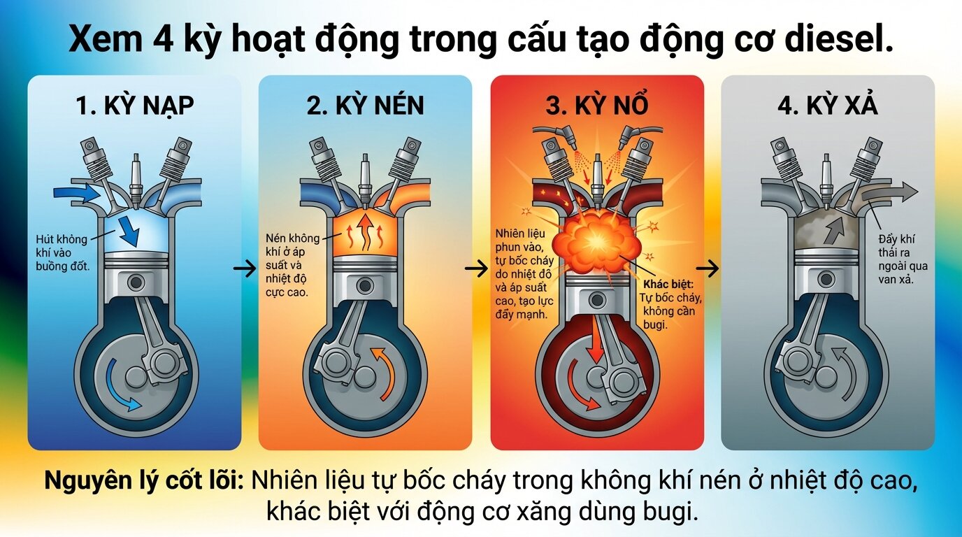 Xem 4 kỳ hoạt động trong cấu tạo động cơ diesel.