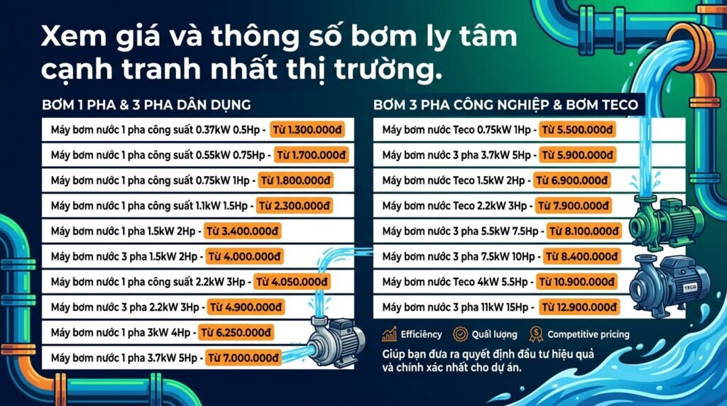 Xem giá và thông số bơm ly tâm cạnh tranh nhất thị trường.