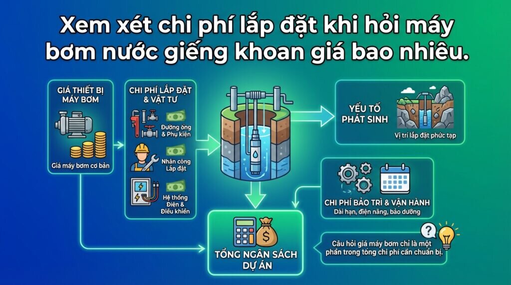 Xem xét chi phí lắp đặt khi hỏi máy bơm nước giếng khoan giá bao nhiêu.