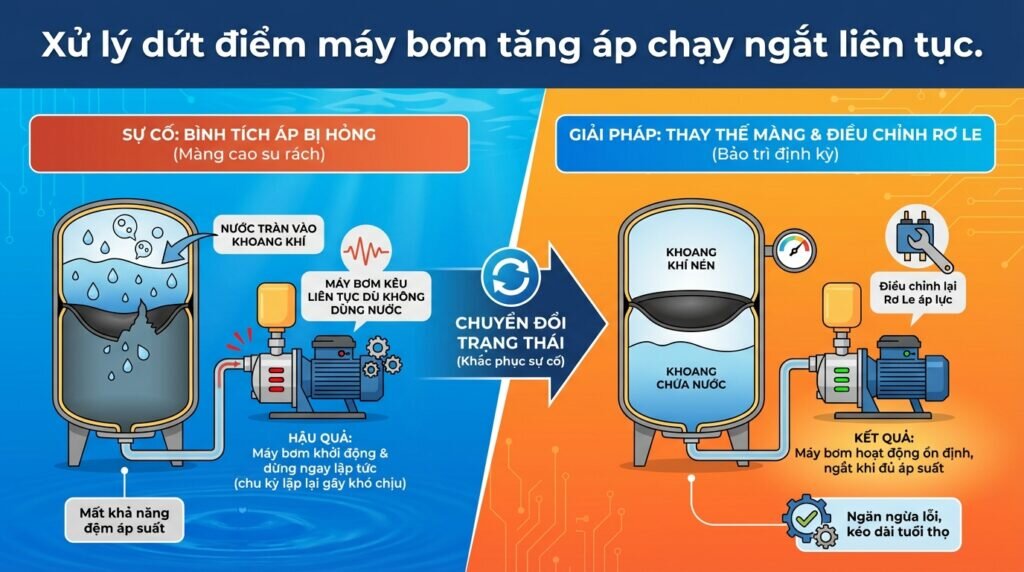 Xử lý dứt điểm máy bơm tăng áp chạy ngắt liên tục.