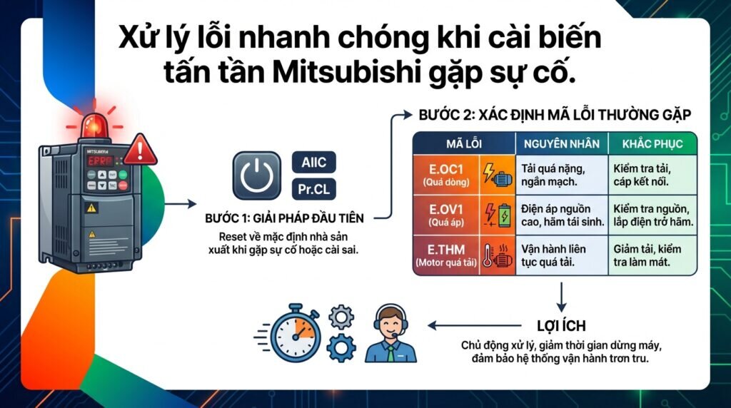 Xử lý lỗi nhanh chóng khi cài biến tần Mitsubishi gặp sự cố.