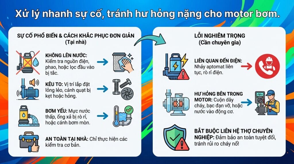Xử lý nhanh sự cố, tránh hư hỏng nặng cho motor bơm.
