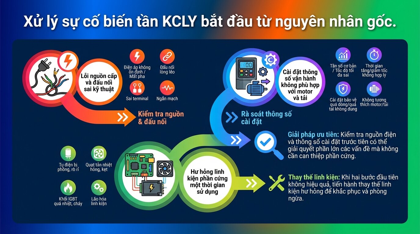 Xử lý sự cố biến tần KCLY bắt đầu từ nguyên nhân gốc.