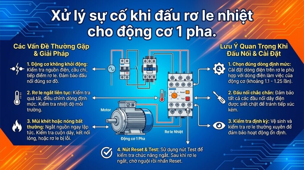 Xử lý sự cố khi đấu rơ le nhiệt cho động cơ 1 pha.