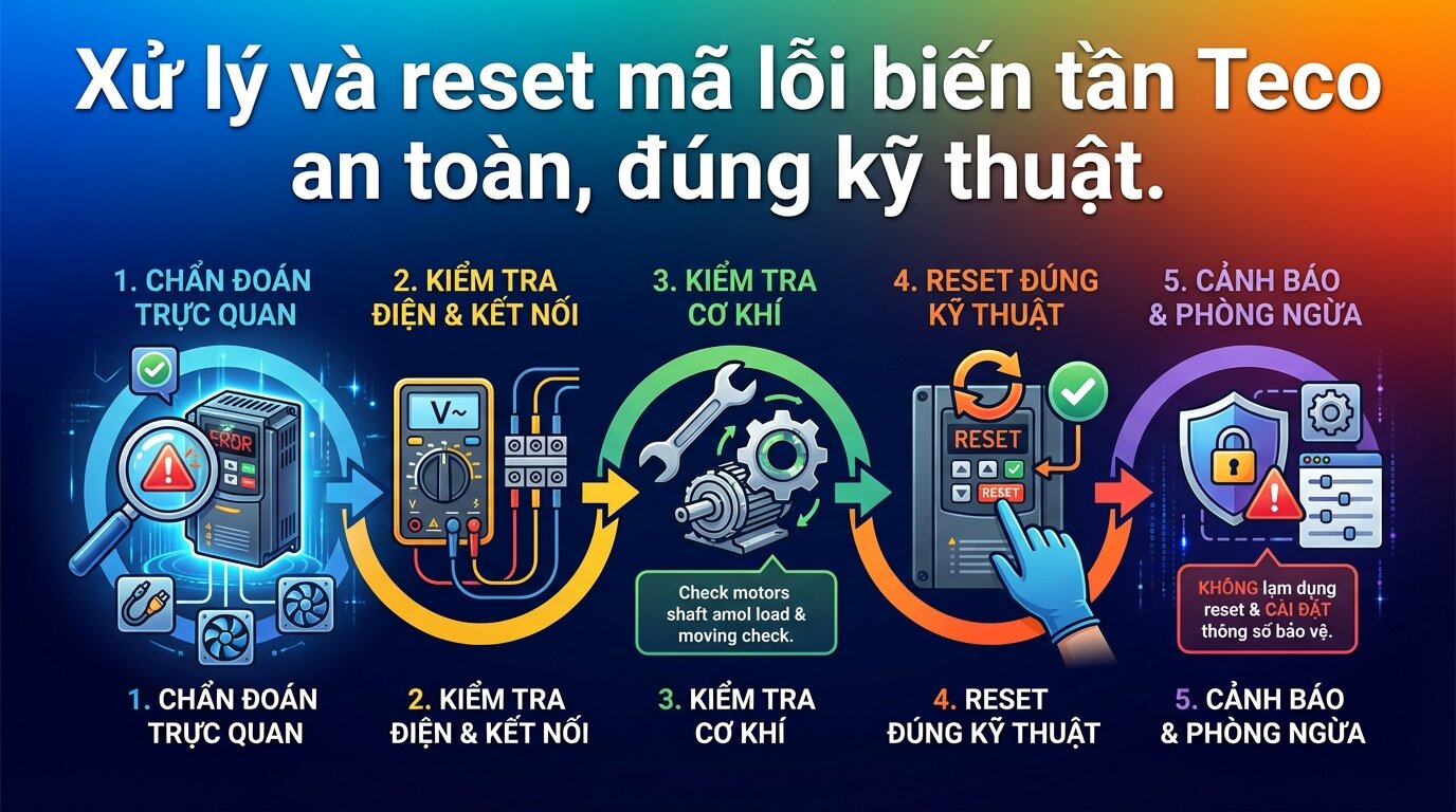 Xử lý và reset mã lỗi biến tần Teco an toàn, đúng kỹ thuật.