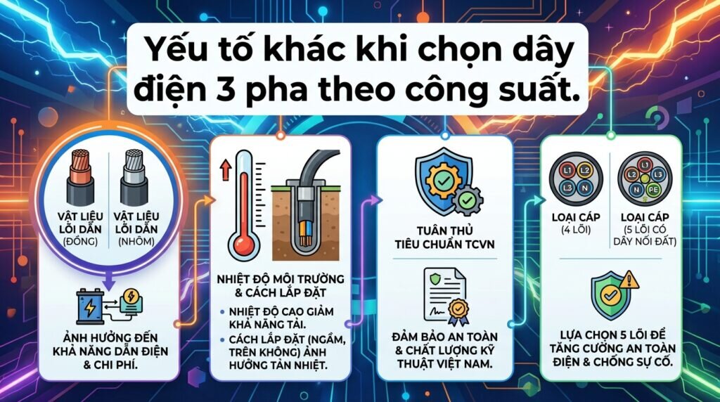 Yếu tố khác khi chọn dây điện 3 pha theo công suất.
