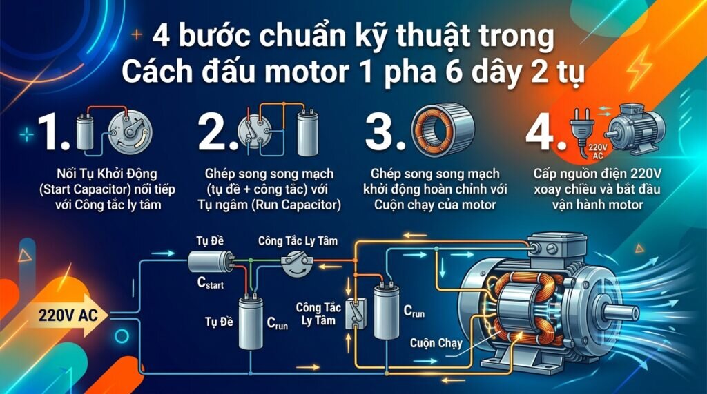 4 bước chuẩn kỹ thuật trong Cách đấu motor 1 pha 6 dây 2 tụ