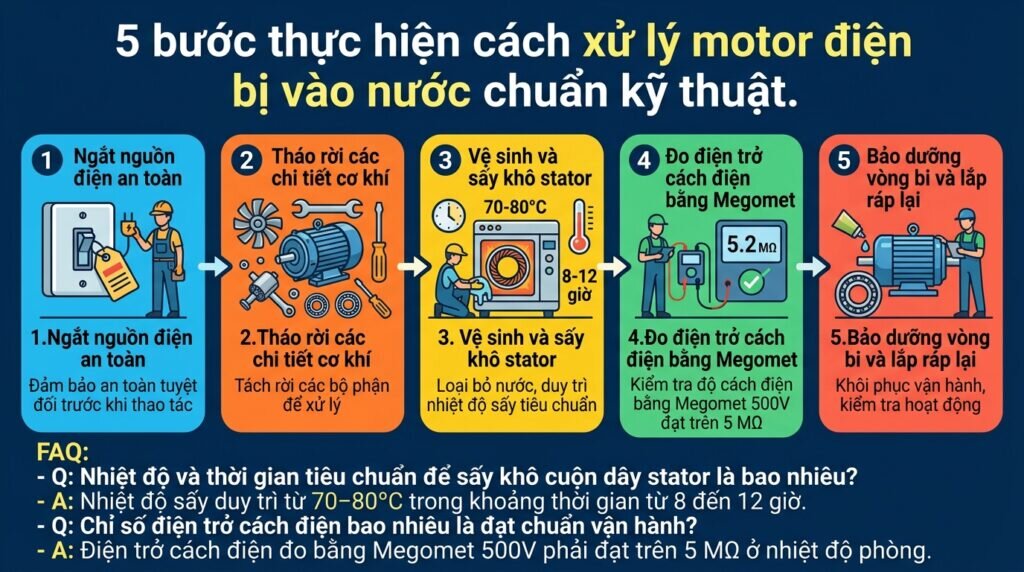 5 bước thực hiện cách xử lý motor điện bị vào nước chuẩn kỹ thuật.