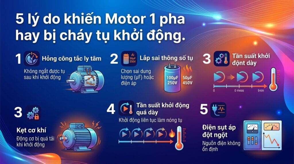 5 lý do khiến Motor 1 pha hay bị cháy tụ khởi động.