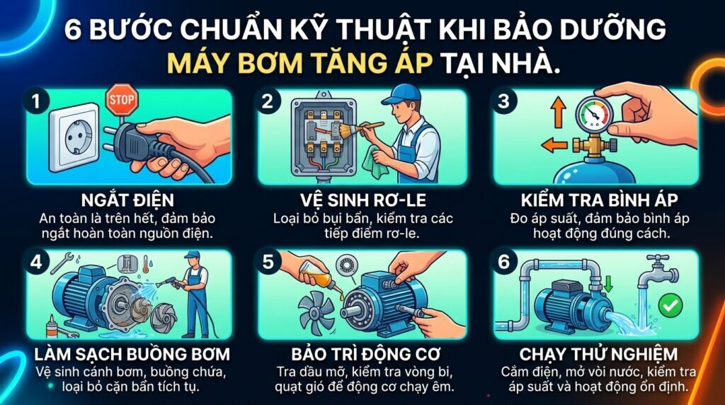 6 bước chuẩn kỹ thuật khi Bảo dưỡng máy bơm tăng áp tại nhà.