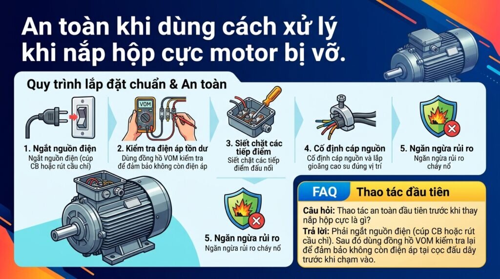 An toàn khi dùng cách xử lý khi nắp hộp cực motor bị vỡ.