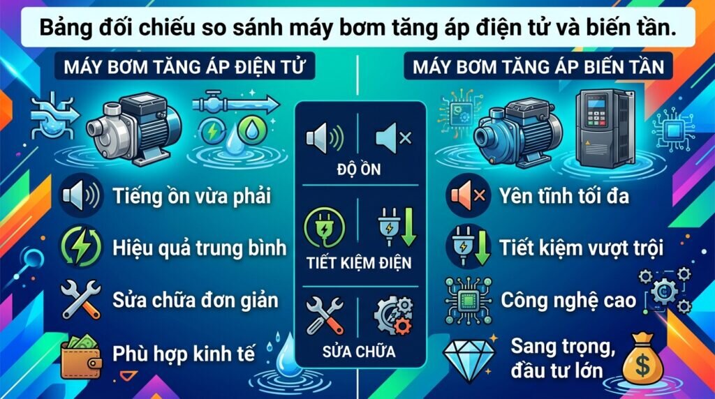 Bảng đối chiếu so sánh máy bơm tăng áp điện tử và biến tần.