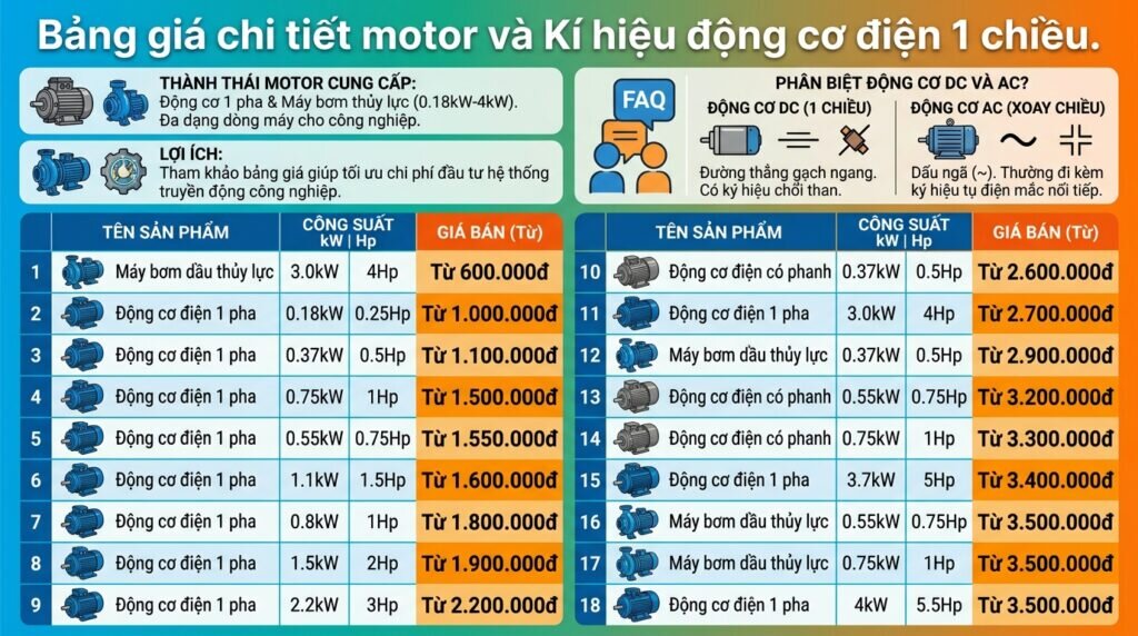 Bảng giá chi tiết motor và Kí hiệu động cơ điện 1 chiều.