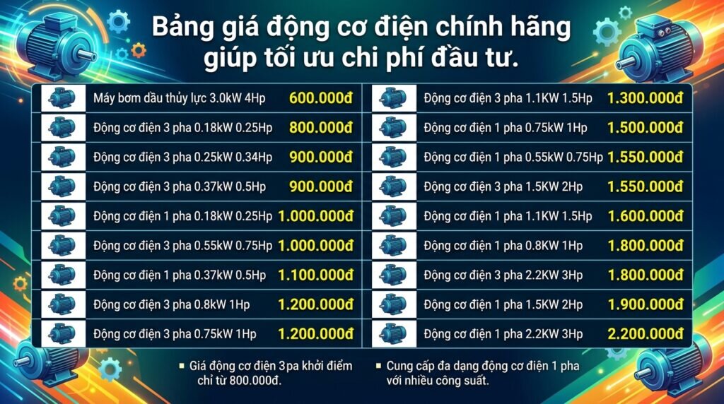 Bảng giá động cơ điện chính hãng giúp tối ưu chi phí đầu tư.