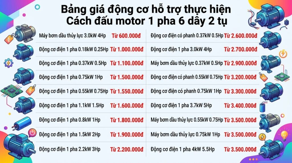 Bảng giá động cơ hỗ trợ thực hiện Cách đấu motor 1 pha 6 dây 2 tụ