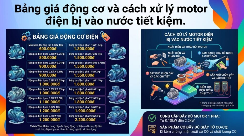 Bảng giá động cơ và cách xử lý motor điện bị vào nước tiết kiệm.