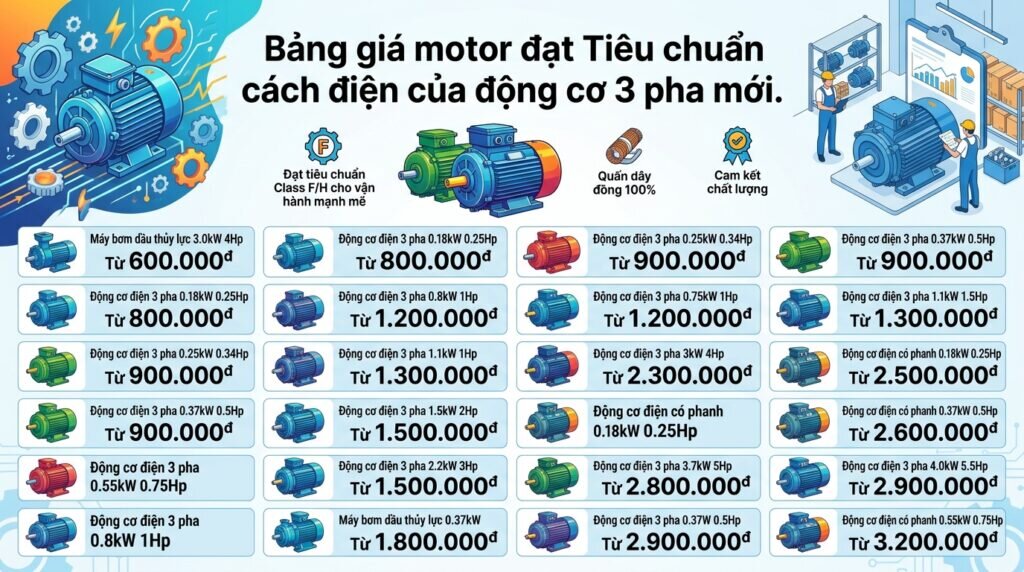 Bảng giá motor đạt Tiêu chuẩn cách điện của động cơ 3 pha mới.