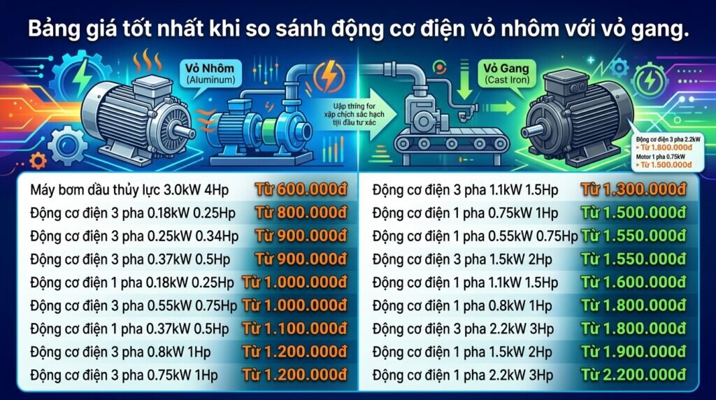 Bảng giá tốt nhất khi so sánh động cơ điện vỏ nhôm với vỏ gang.