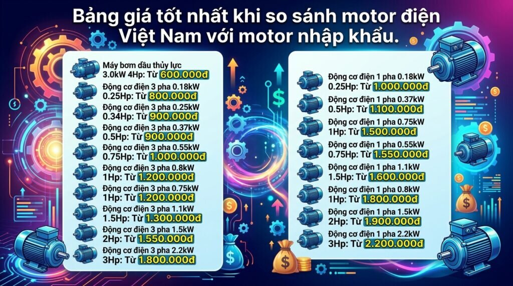 Bảng giá tốt nhất khi so sánh motor điện Việt Nam với motor nhập khẩu.