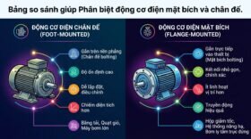 Bảng so sánh giúp Phân biệt động cơ điện mặt bích và chân đế.