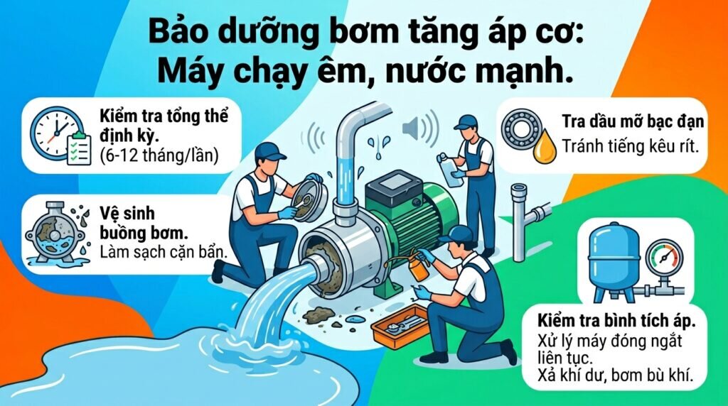 Bảo dưỡng bơm tăng áp cơ: Máy chạy êm, nước mạnh.