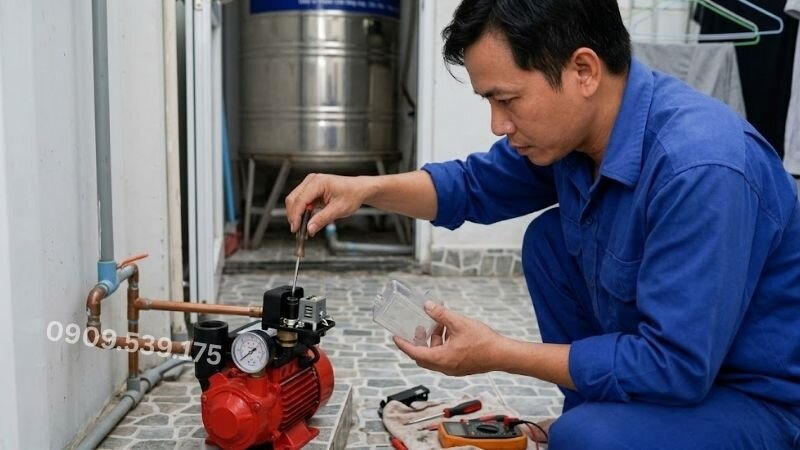 Bảo dưỡng rơ le máy bơm tăng áp mini.