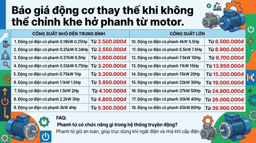 Báo giá động cơ thay thế khi không thể chỉnh khe hở phanh từ motor.