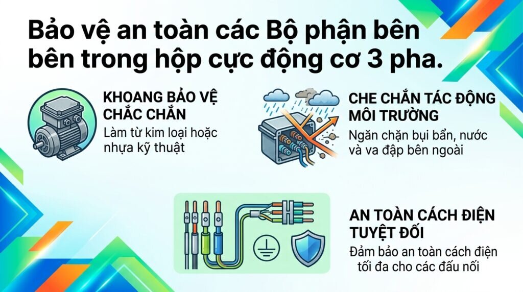 Bảo vệ an toàn các Bộ phận bên trong hộp cực động cơ 3 pha.