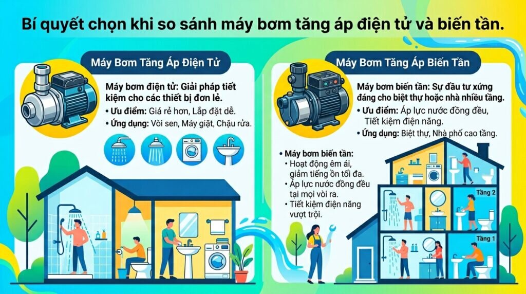 Bí quyết chọn khi so sánh máy bơm tăng áp điện tử và biến tần.