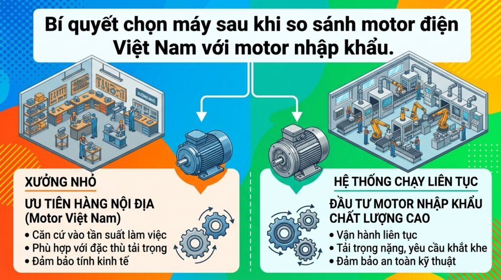 Bí quyết chọn máy sau khi so sánh motor điện Việt Nam với motor nhập khẩu.