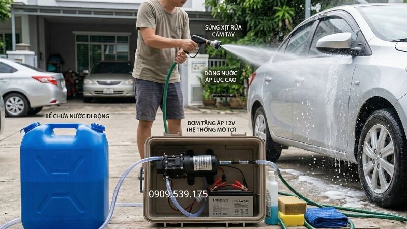 Bơm tăng áp 12v sử dụng xịt rửa tự động