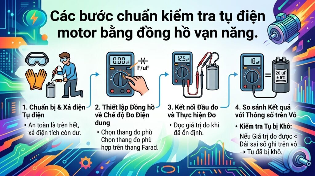 Các bước chuẩn kiểm tra tụ điện motor bằng đồng hồ vạn năng.
