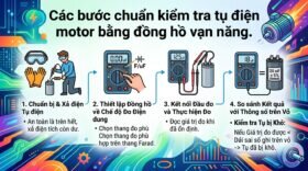 Các bước chuẩn kiểm tra tụ điện motor bằng đồng hồ vạn năng.