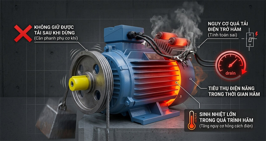 Mạch hãm động năng động cơ 3 pha vẫn có khả năng khiến động cơ điện sinh nhiệt và nguy cơ quá tải