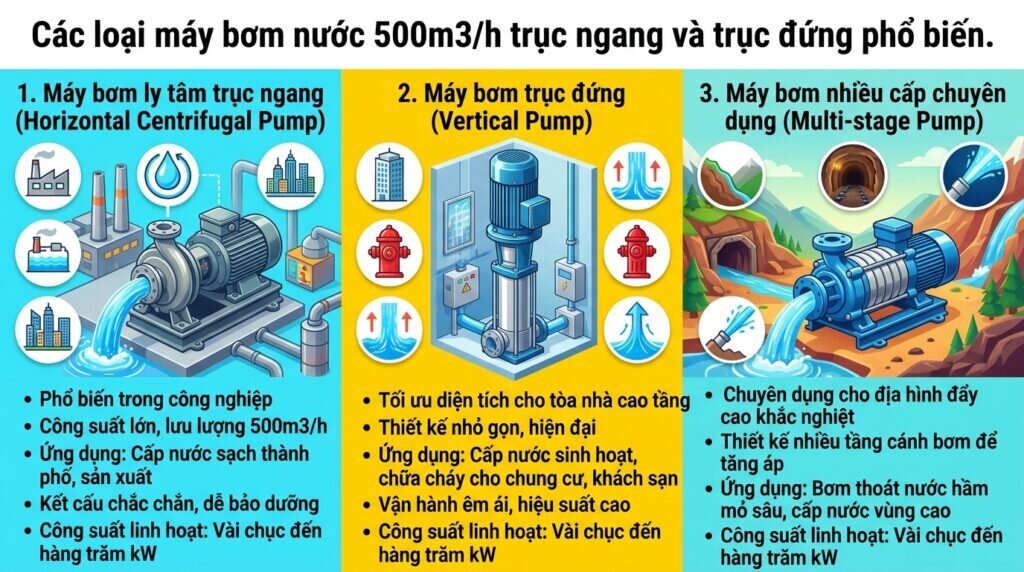 Các loại máy bơm nước 500m3/h trục ngang và trục đứng phổ biến.