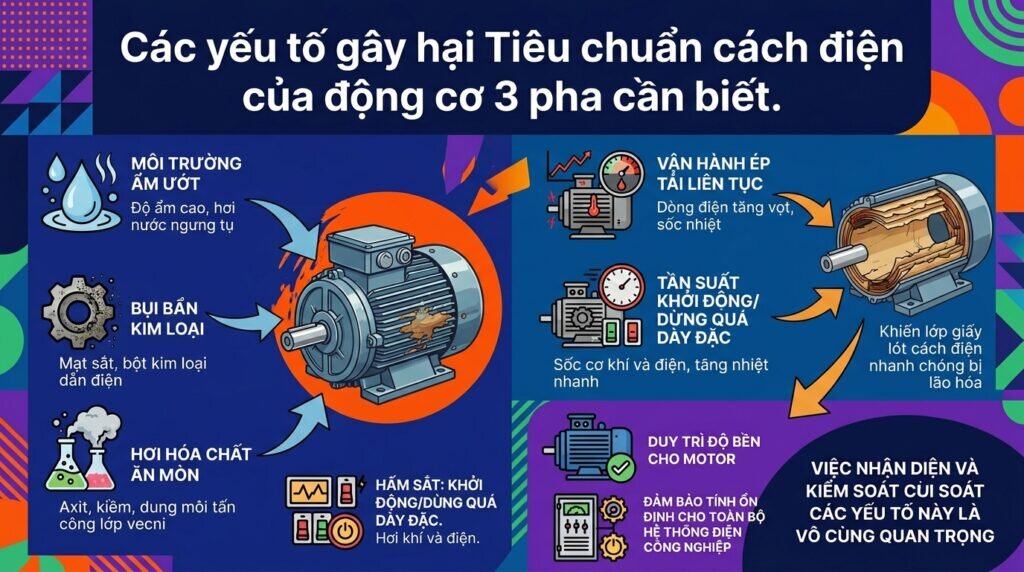 Các yếu tố gây hại Tiêu chuẩn cách điện của động cơ 3 pha cần biết.