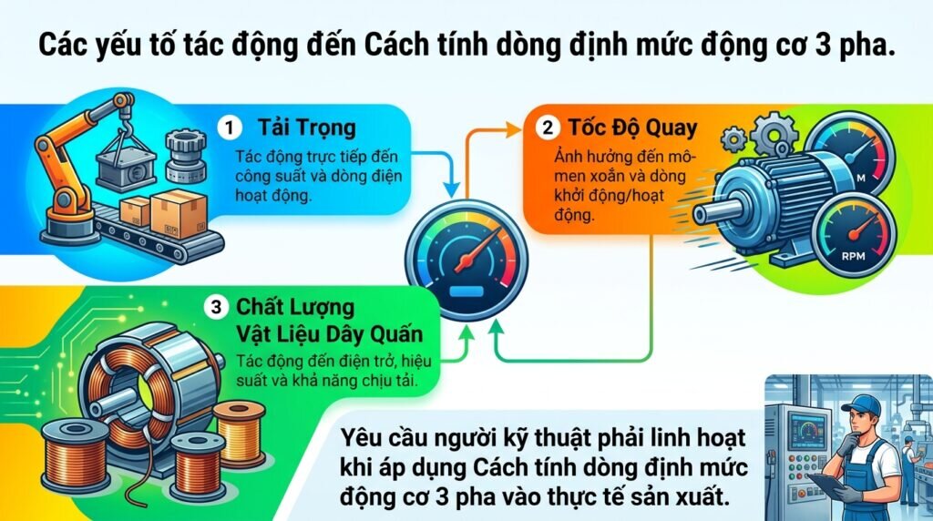 Các yếu tố tác động đến Cách tính dòng định mức động cơ 3 pha.