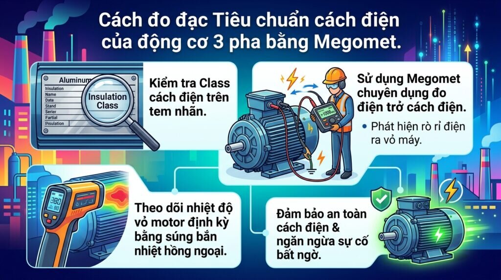 Cách đo đạc Tiêu chuẩn cách điện của động cơ 3 pha bằng Megomet.