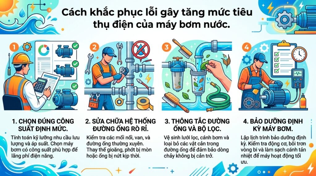 Cách khắc phục lỗi gây tăng mức tiêu thụ điện của máy bơm nước.