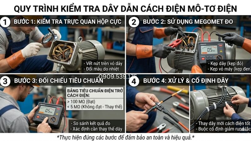 Kiểm tra dây nối: Quan sát vỏ dây, dùng Megomet đo cách điện pha-vỏ và so sánh kết quả với tiêu chuẩn tối thiểu