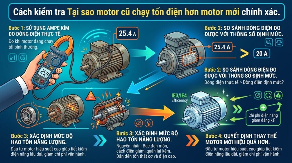 Cách kiểm tra Tại sao motor cũ chạy tốn điện hơn motor mới chính xác.