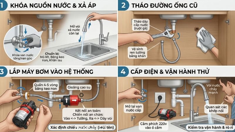 Cách lắp bơm tăng áp cho vòi rữa bát