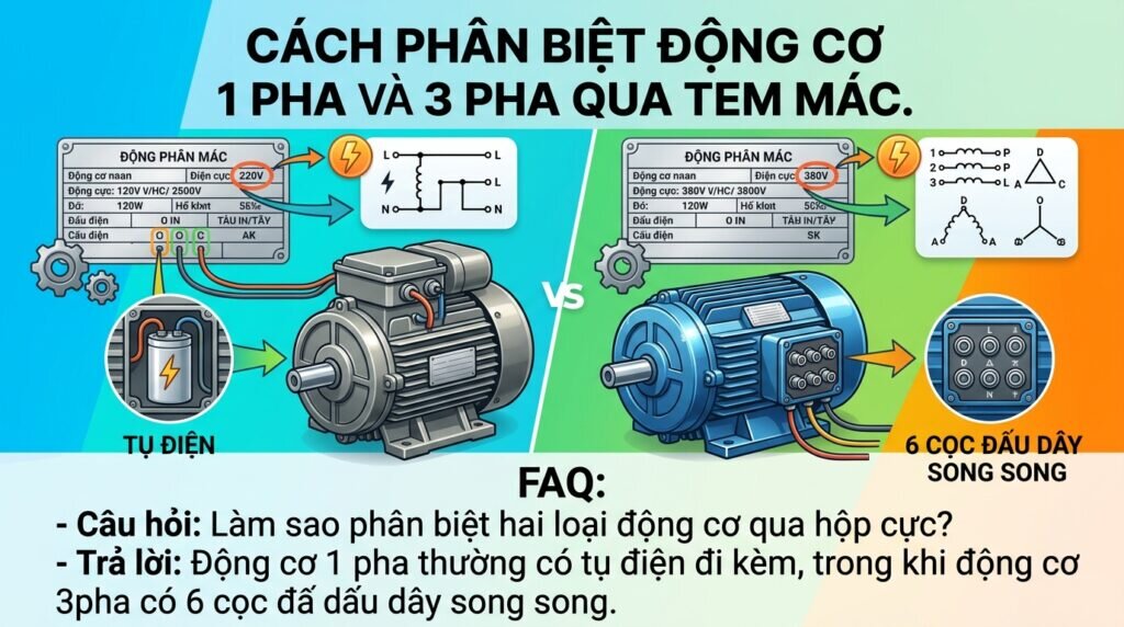 Cách Phân biệt động cơ 1 pha và 3 pha qua tem mác.