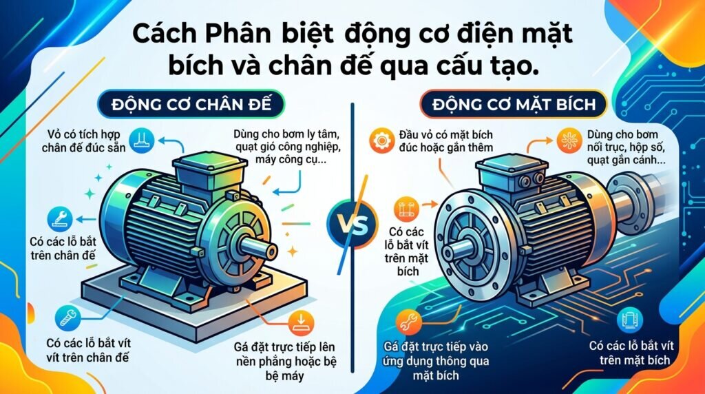 Cách Phân biệt động cơ điện mặt bích và chân đế qua cấu tạo.