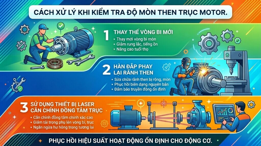 Cách xử lý khi Kiểm tra độ mòn then trục motor.