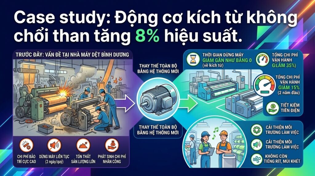 Case study: Động cơ kích từ không chổi than tăng 8% hiệu suất.