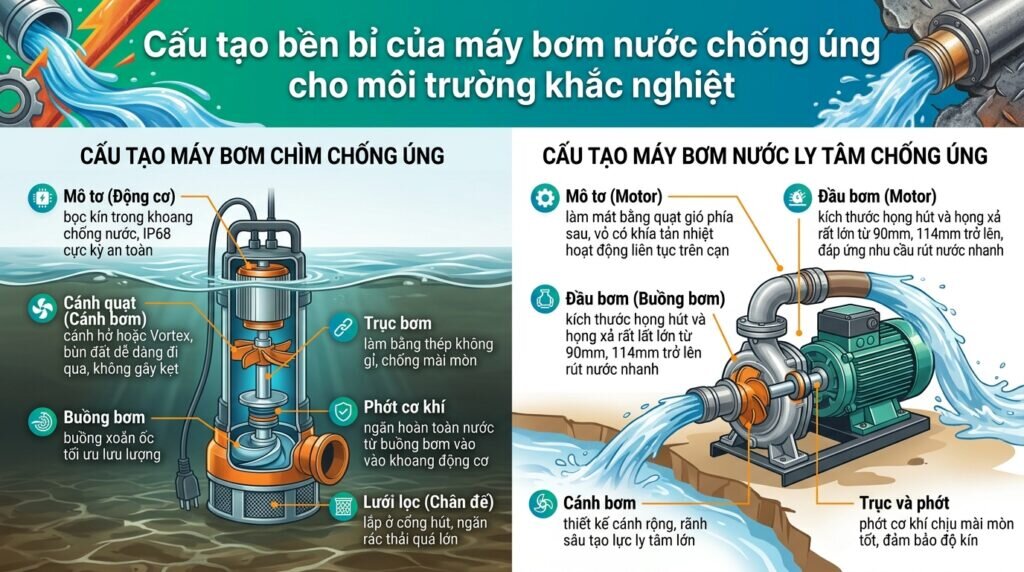 Cấu tạo bền bỉ của máy bơm nước chống úng cho môi trường khắc nghiệt.