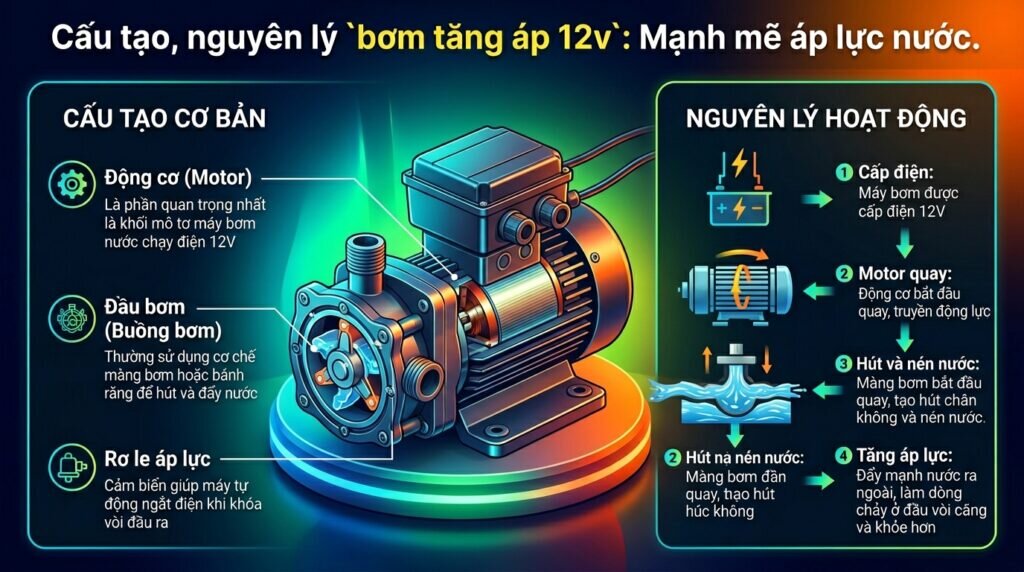 Cấu tạo, nguyên lý `bơm tăng áp 12v`: Mạnh mẽ áp lực nước.