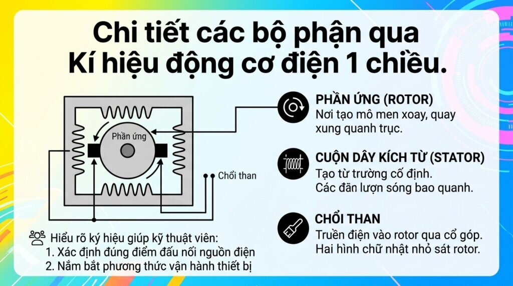 Chi tiết các bộ phận qua Kí hiệu động cơ điện 1 chiều.