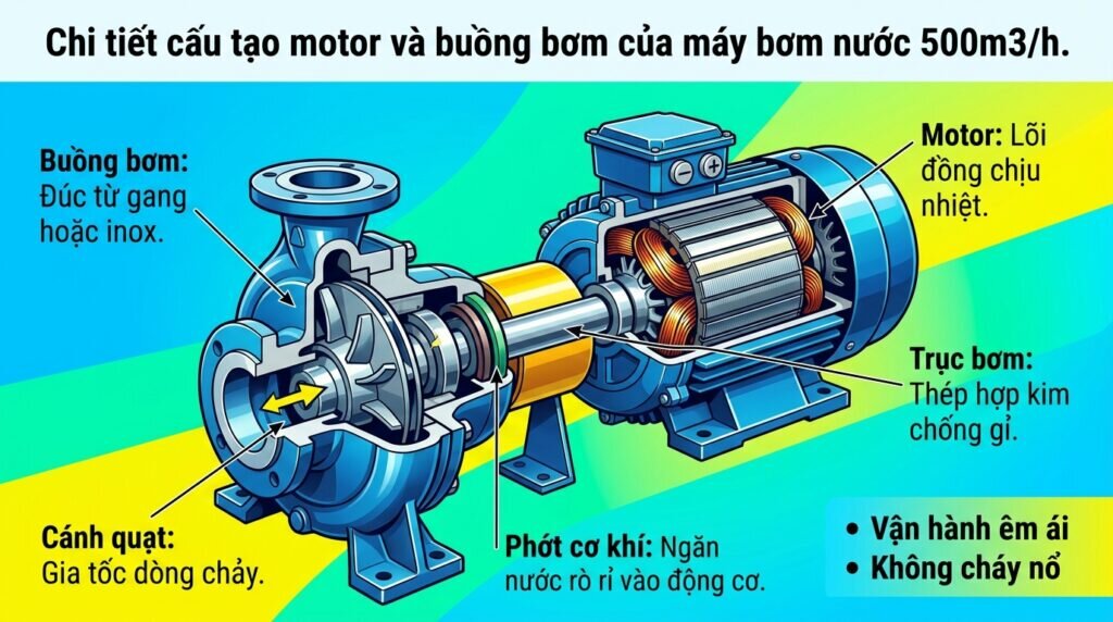 Chi tiết cấu tạo motor và buồng bơm của máy bơm nước 500m3/h.